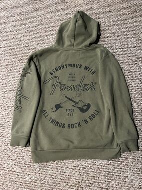 Fender Olive Green Zip-Up Hooded Sweatshirt with Back Graphic